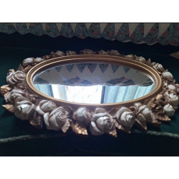 Vintage Homco 2057 Gold Trimmed White Roses Hollywood Regency Wall Mirror luxu - Picture 6 of 8